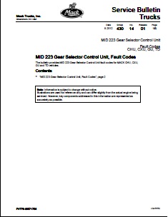 MID 223 Gear Selector Control Unit, Fault Codes Mack Truck Models: CHU, CXU, GU, TD