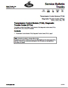 Transmission Control Module (TCM), Diagnostic Trouble Codes (DTCs) Mack Truck Models: CHU, CXU, GU, TD