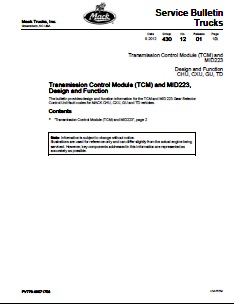 Transmission Control Module (TCM) and MID223, Design and Function Mack Truck Models: CHU, CXU, GU, TD